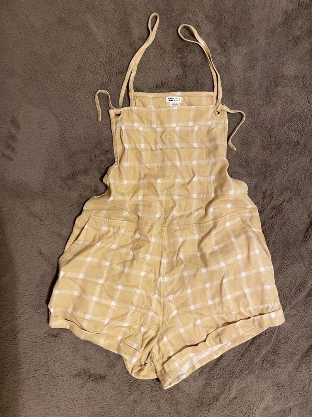 Billabong Tan Plaid Short Overalls